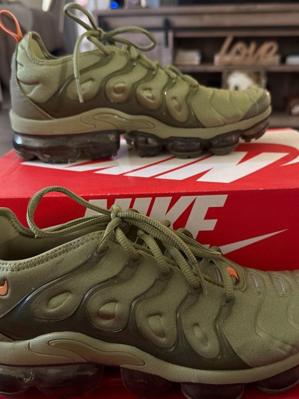 Nike Men’s VaporMax Plus in Olive Green with Orange Accent